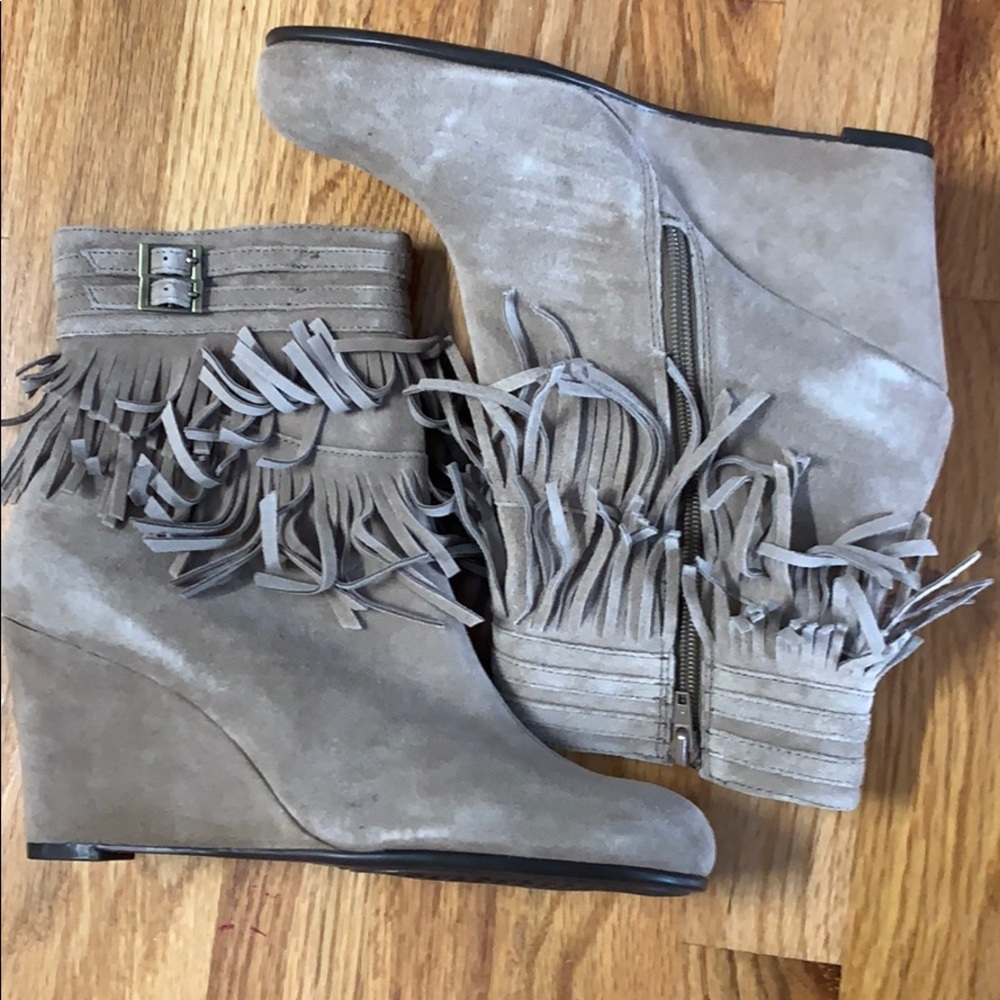 Beige fringe booties